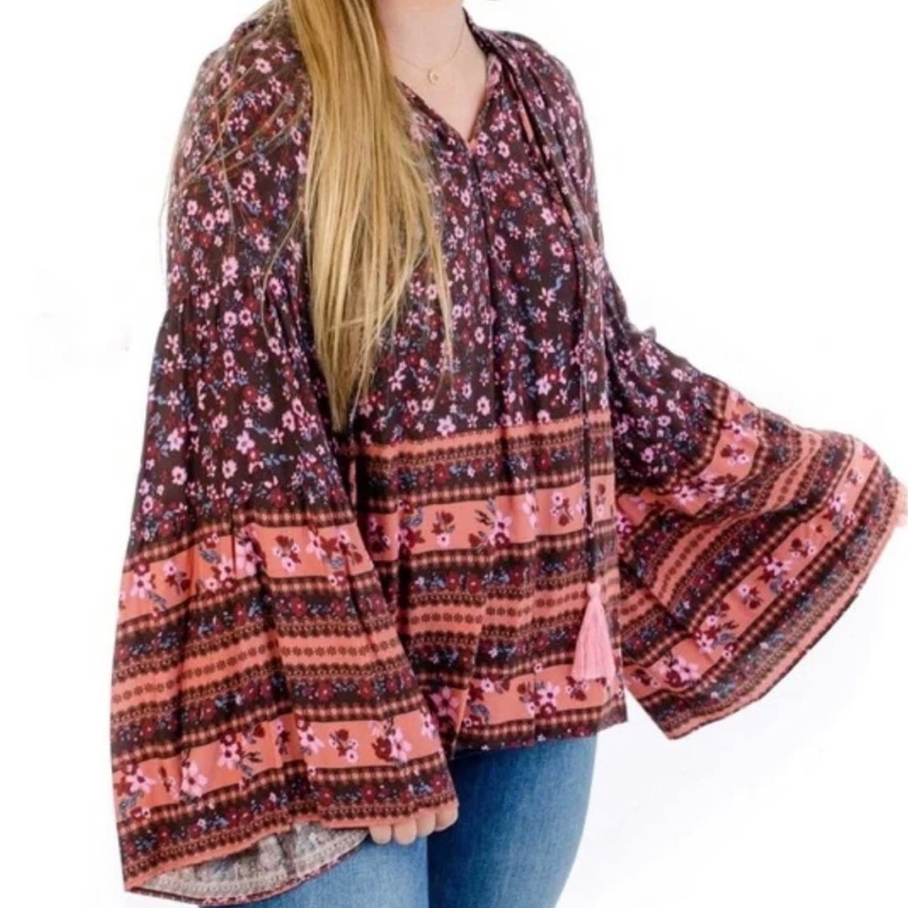 Vici Floral Tassel Oversized Flowy V-Neck Boho Blouse Top Ruffle Purple Pink XL